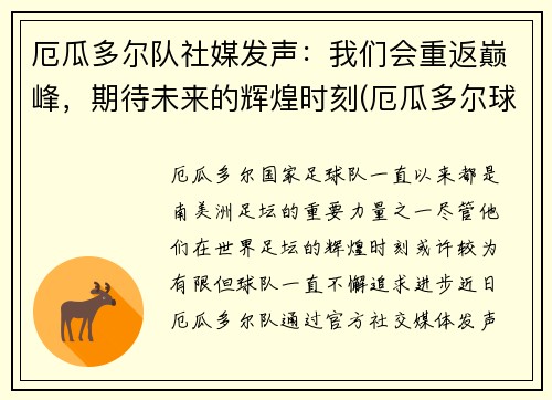 厄瓜多尔队社媒发声：我们会重返巅峰，期待未来的辉煌时刻(厄瓜多尔球队实力)