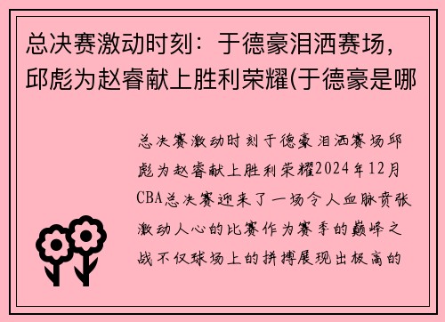 总决赛激动时刻：于德豪泪洒赛场，邱彪为赵睿献上胜利荣耀(于德豪是哪个队的)